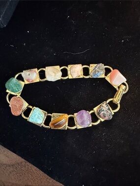 Multicolor Semi-Precious Stone Link Bracelet - Gold Tone